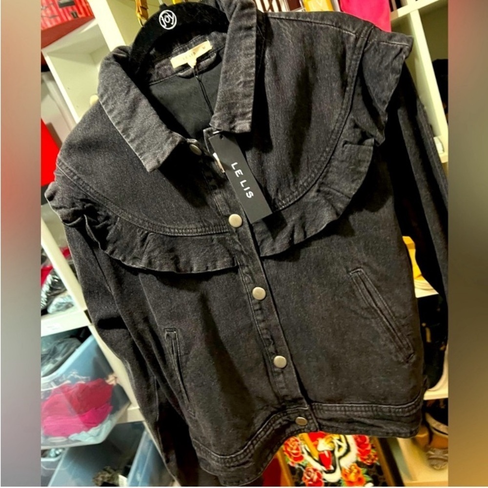 Black Denim Ruffled Jacket - Picture 3 of 7